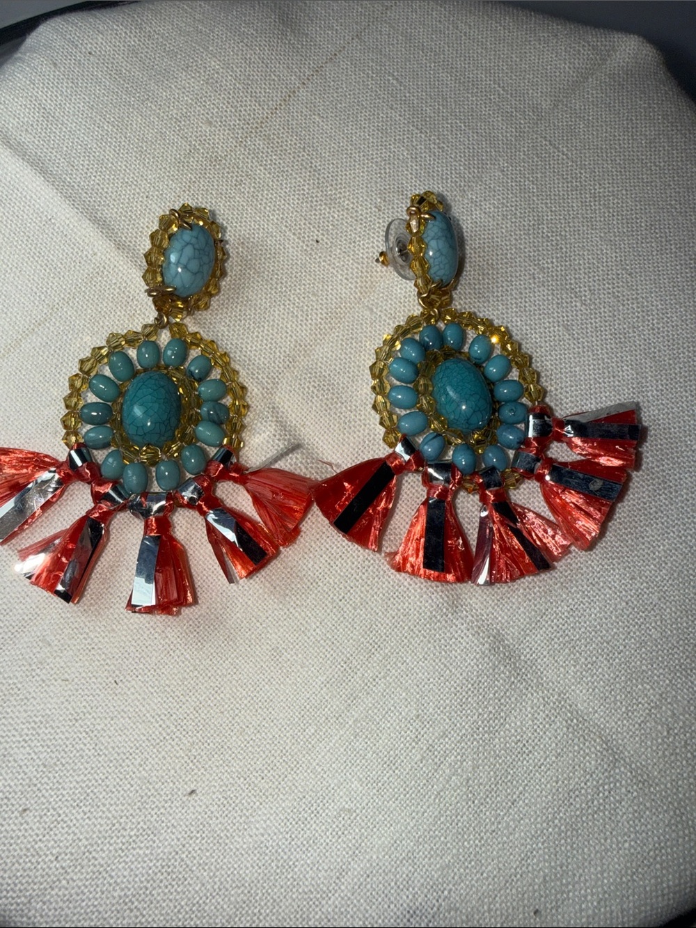 J. Crew Raffia  Turquoise / Gold-Tone  Beads Drop Earrings - Picture 2 of 5